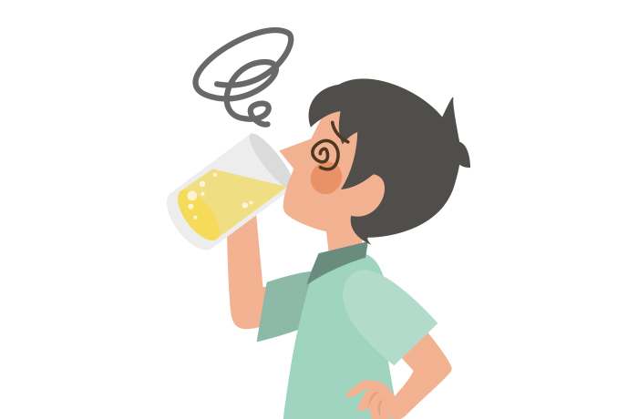 ビールのようなものを飲んで酔っ払っている男性のイラスト